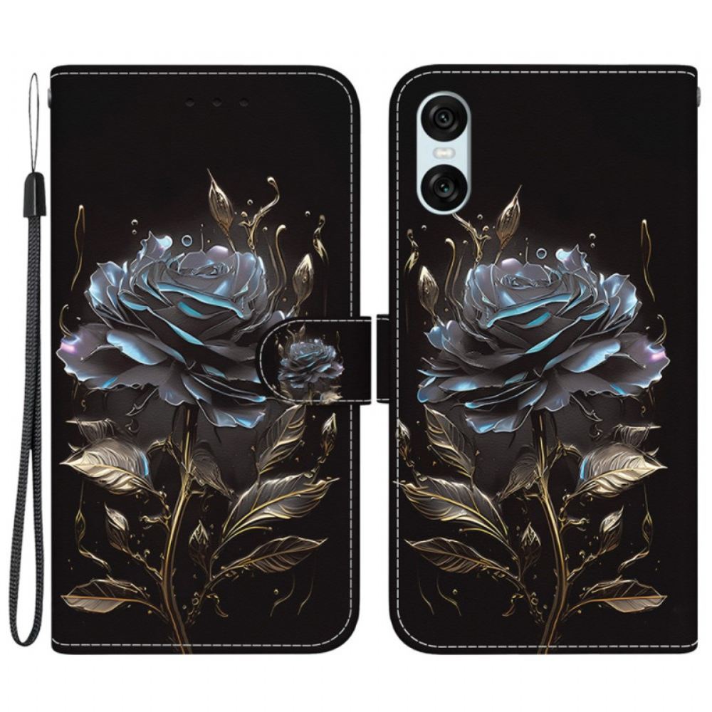 Kožený Kryt Sony Xperia 10 Vi Černá Růže S Popruhem