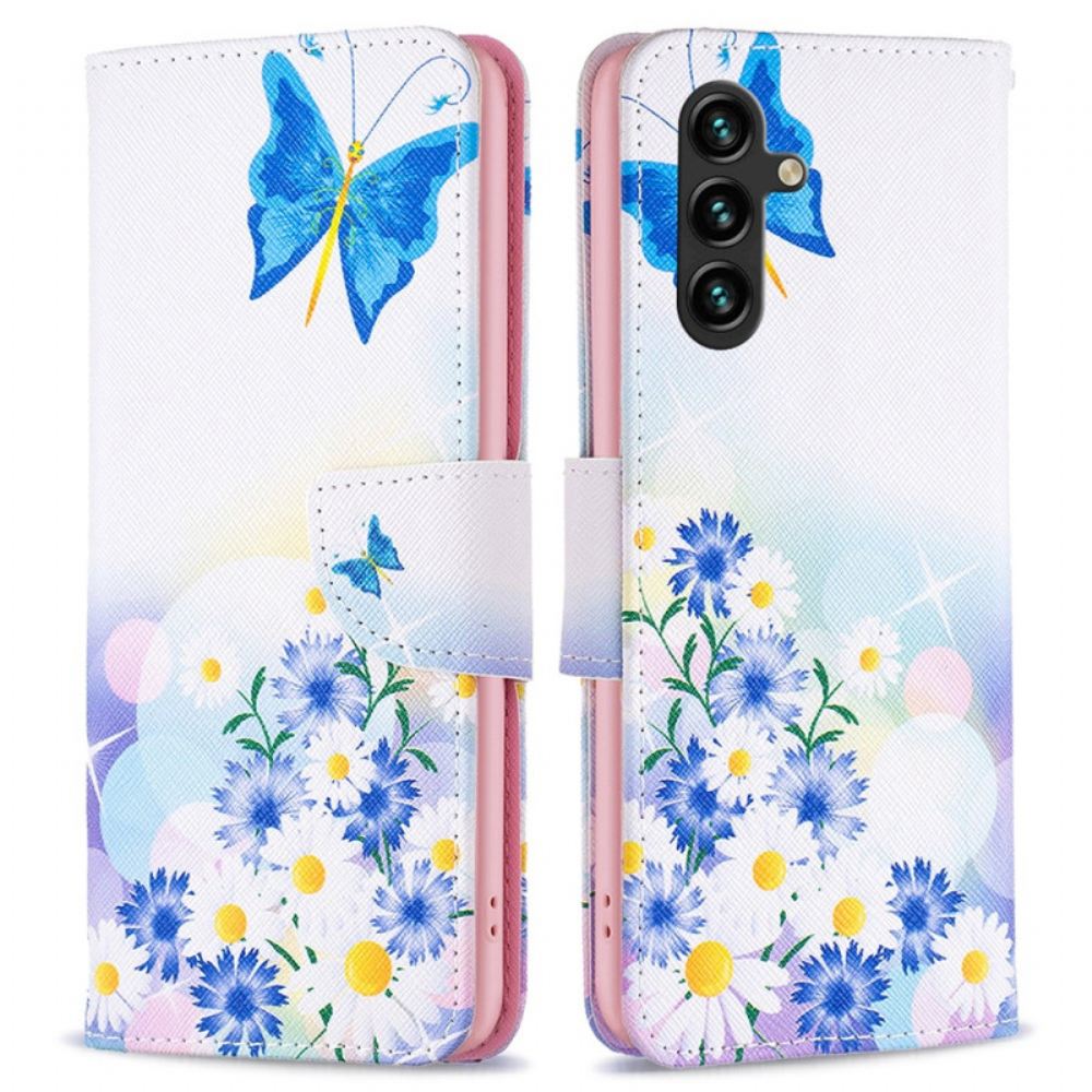 Kožený Kryt Samsung Galaxy A15 Akvarel S Motýly A Květinami