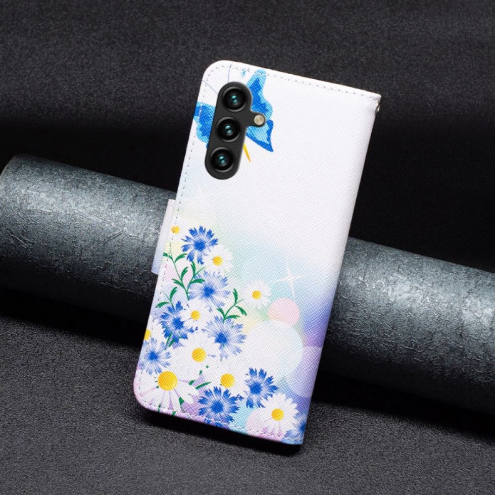 Kožený Kryt Samsung Galaxy A15 Akvarel S Motýly A Květinami