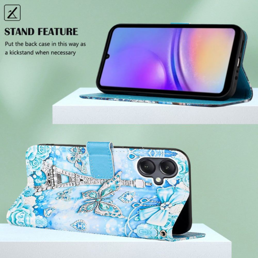 Kožený Kryt Samsung Galaxy A15 Eiffelova Věž A Motýli S Popruhem