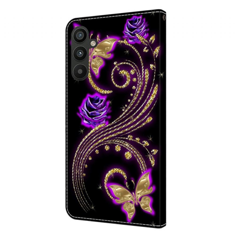 Kožený Kryt Samsung Galaxy A15 Fialové Květiny A Motýli