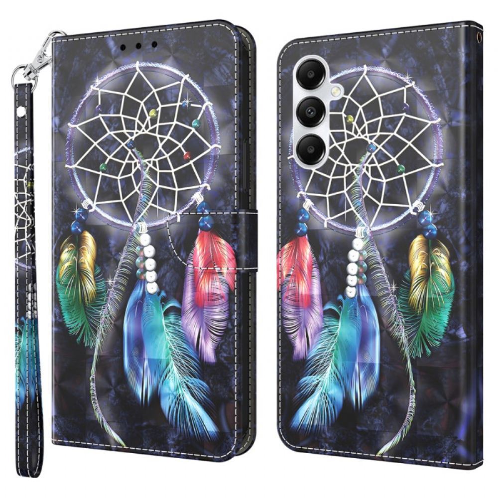 Kožený Kryt Samsung Galaxy A15 Lapač Snů Na Černém Pozadí S Popruhem