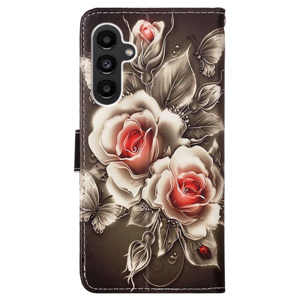 Kožený Kryt Samsung Galaxy A15 Popruhové Růže