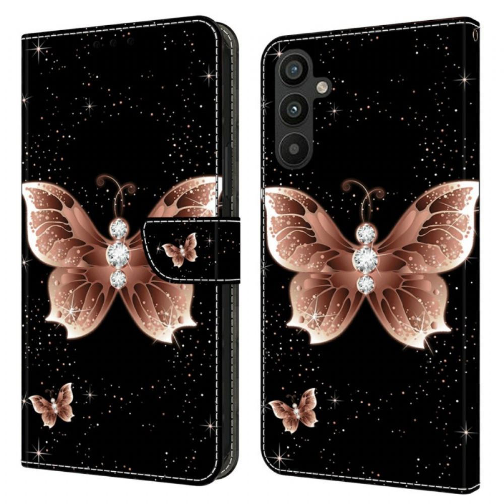 Kožený Kryt Samsung Galaxy A15 Růžoví Diamantoví Motýli