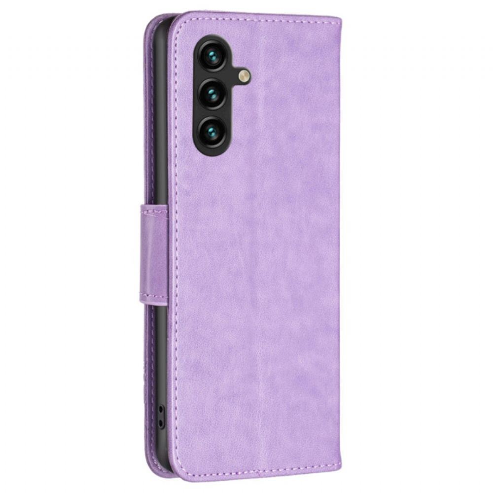 Kožený Kryt Samsung Galaxy A15 Vzor Motýla S Páskem