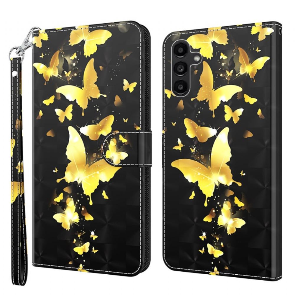 Kožený Kryt Samsung Galaxy A15 Zlatí Motýli V Letu S Popruhem