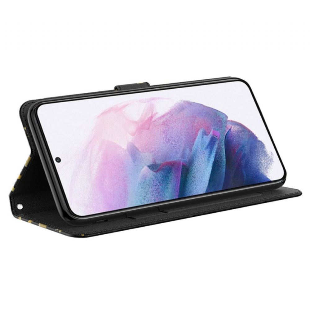 Kožený Kryt Samsung Galaxy A15 Zlatí Motýli V Letu S Popruhem