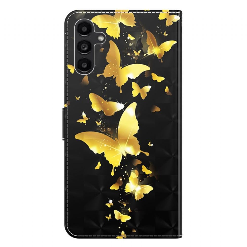 Kožený Kryt Samsung Galaxy A15 Zlatí Motýli V Letu S Popruhem
