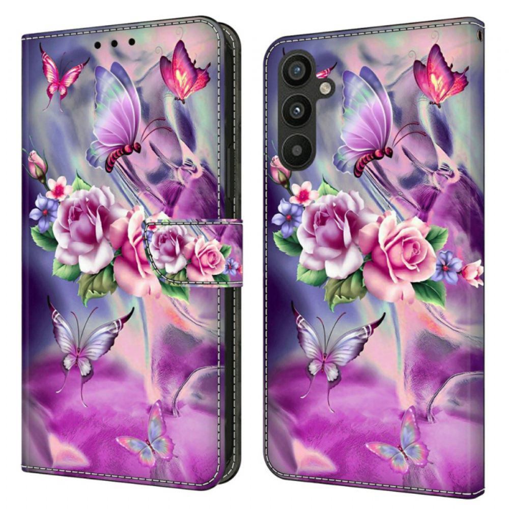 Peněženková Pouzdra Samsung Galaxy A15 Kryty Na Mobil Fialoví Motýli A Květiny