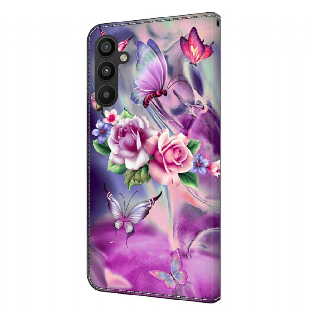 Peněženková Pouzdra Samsung Galaxy A15 Kryty Na Mobil Fialoví Motýli A Květiny