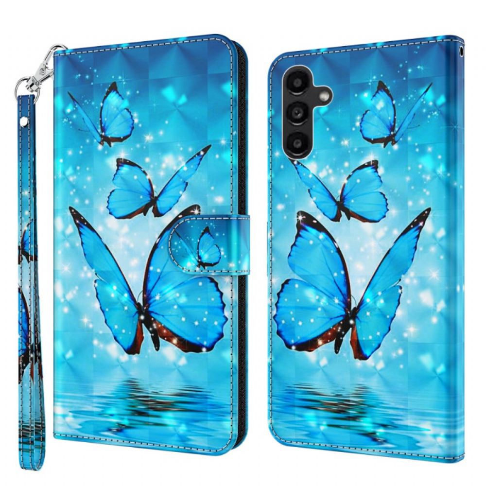 Peněženková Pouzdra Samsung Galaxy A15 Modrí Motýli V Letu S Popruhem