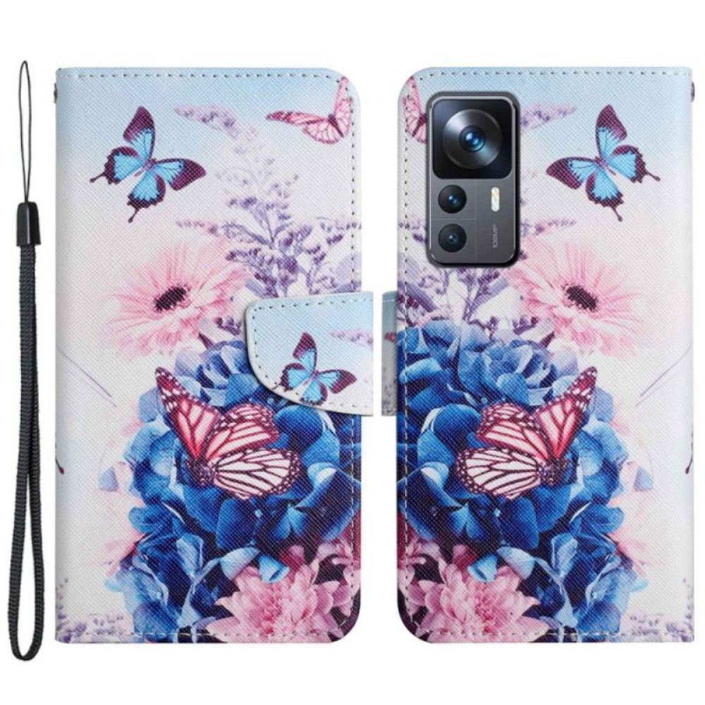 Flipové Pouzdro Na Xiaomi 12T / 12T Pro Květinoví Motýli Se Šňůrkou
