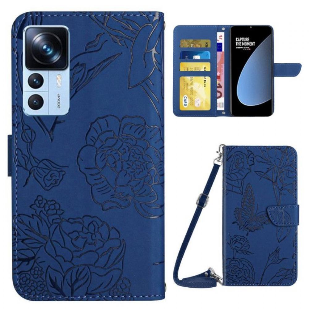 Kožené Pouzdro Na Xiaomi 12T / 12T Pro Motýli A Popruh Přes Rameno
