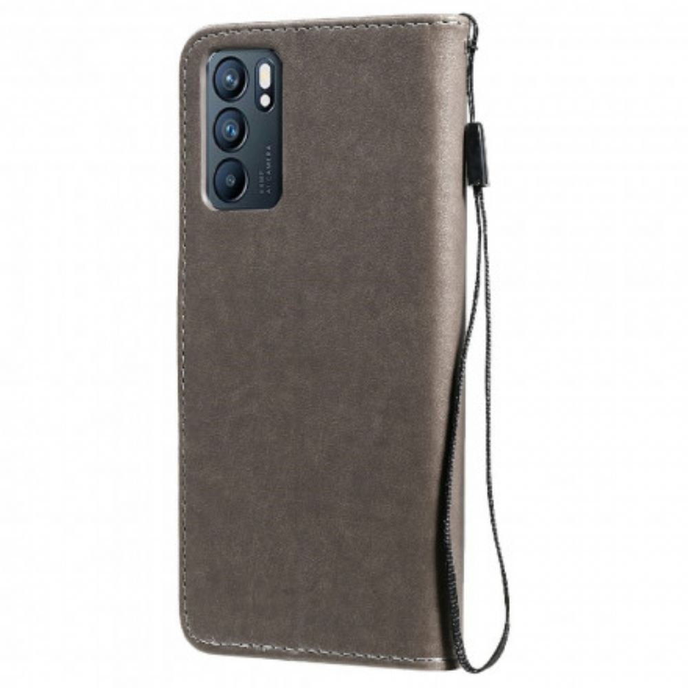 Flipové Pouzdro Na Oppo Reno 6 5G Na Lana Kočka A Včela S Popruhem