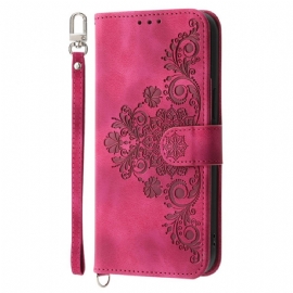 Kožený Kryt Xiaomi Redmi Note 14 5g Peněženka S Krajkovým Vzorem Popruhem A Ramenním Popruhem