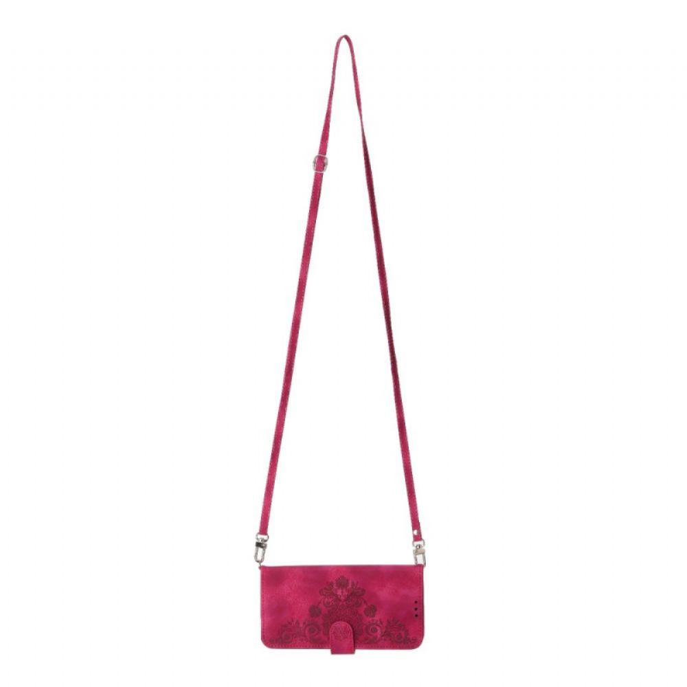 Kožený Kryt Xiaomi Redmi Note 14 5g Peněženka S Krajkovým Vzorem Popruhem A Ramenním Popruhem