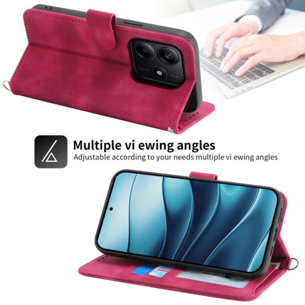 Kožený Kryt Xiaomi Redmi Note 14 5g Peněženka S Krajkovým Vzorem Popruhem A Ramenním Popruhem