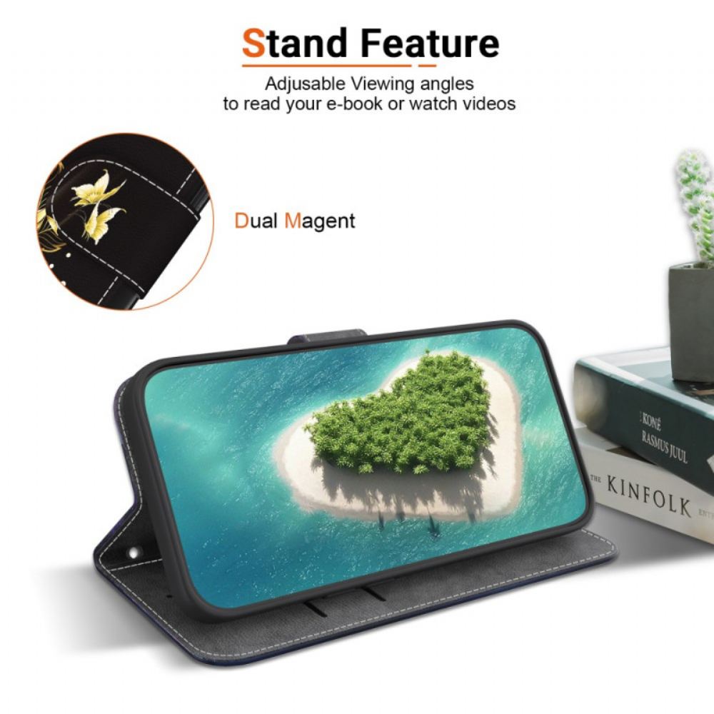 Kožený Kryt Xiaomi Redmi Note 14 5g Zlatí Motýli A Růže