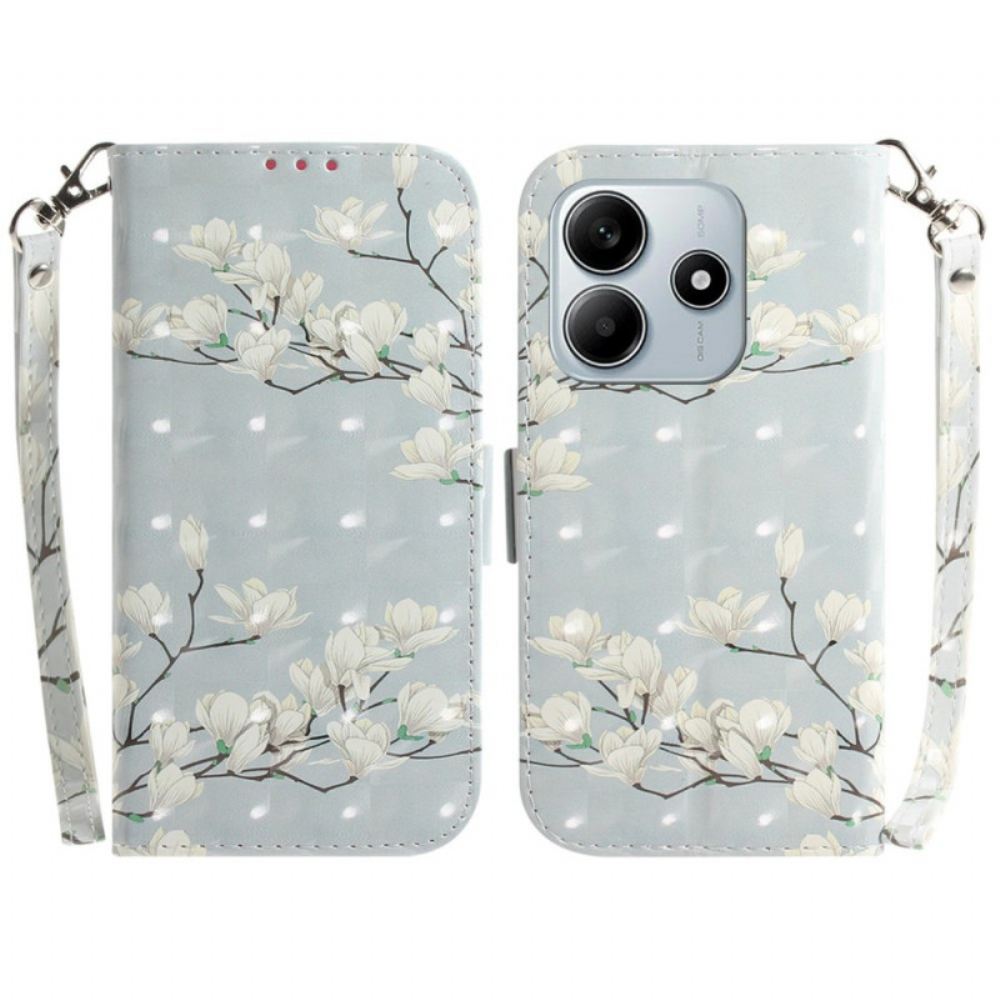 Kožený Kryt Xiaomi Redmi Note 14 5g Šňůrka S Akvarelovými Květinami