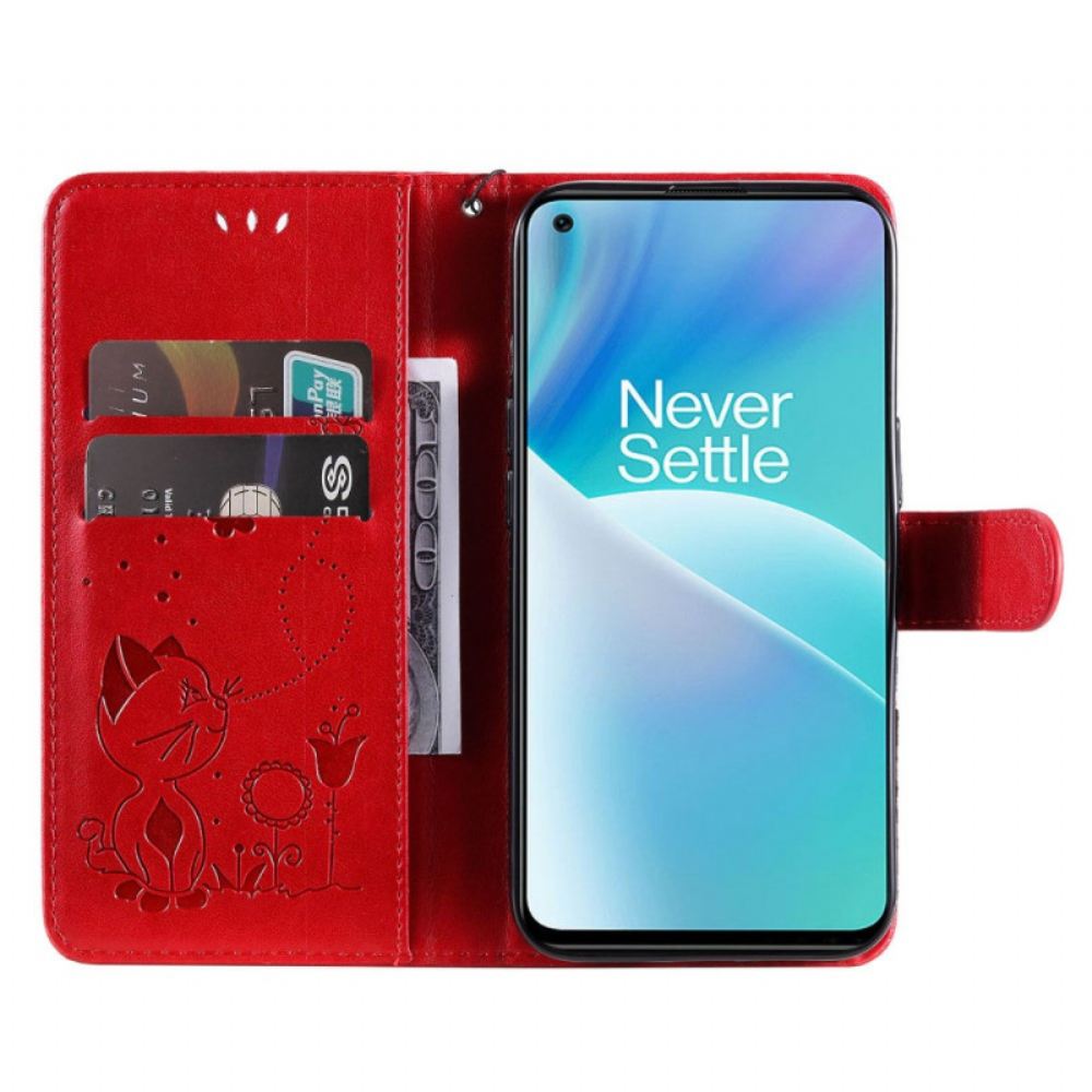 Flipové Pouzdro Na OnePlus Nord 2T 5G Na Lana Kočka A Včela S Držákem Karet Na Šňůrku