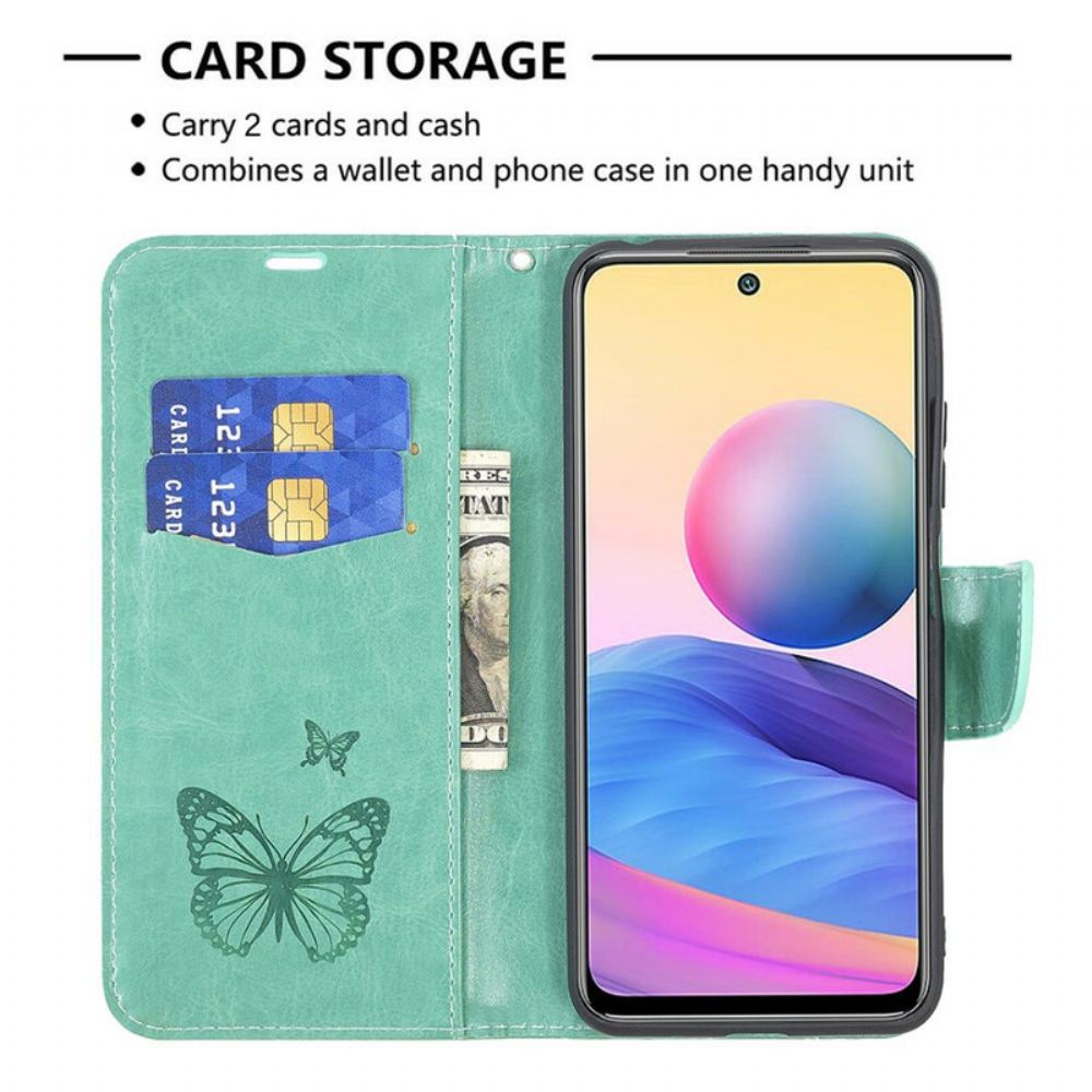 Kožené Pouzdro Na Xiaomi Redmi Note 10 5G / Poco M3 Pro 5G Na Lana Popruh S Potiskem Motýlů