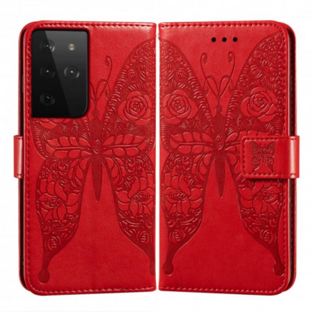 Flipové Pouzdro Na Samsung Galaxy S21 Ultra 5G Květinový Vzor Motýlů
