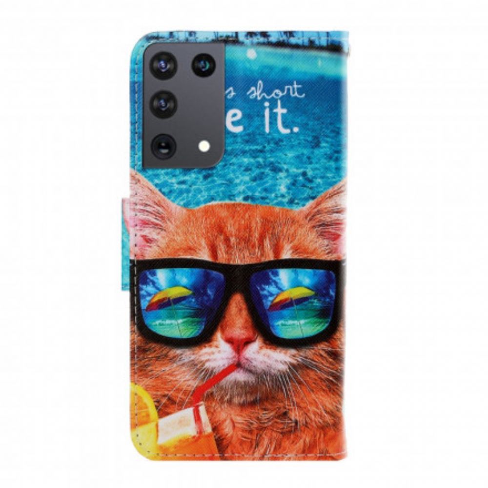 Flipové Pouzdro Na Samsung Galaxy S21 Ultra 5G Na Lana Cat Live It Strappy