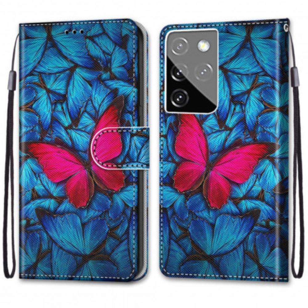 Flipové Pouzdro Na Samsung Galaxy S21 Ultra 5G Červený Motýl Na Modrém Pozadí