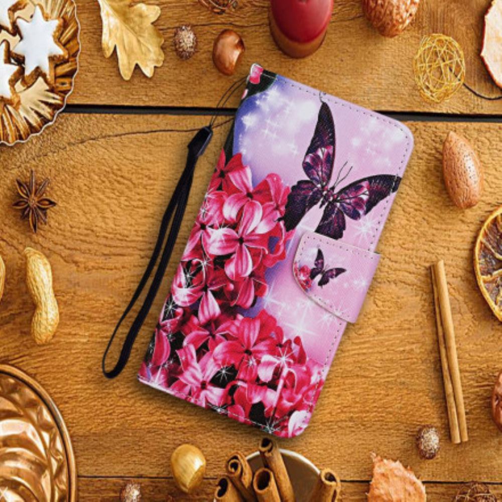 Flipové Pouzdro Na Samsung Galaxy S21 Ultra 5G Šňůrka S Květinovými Motýly