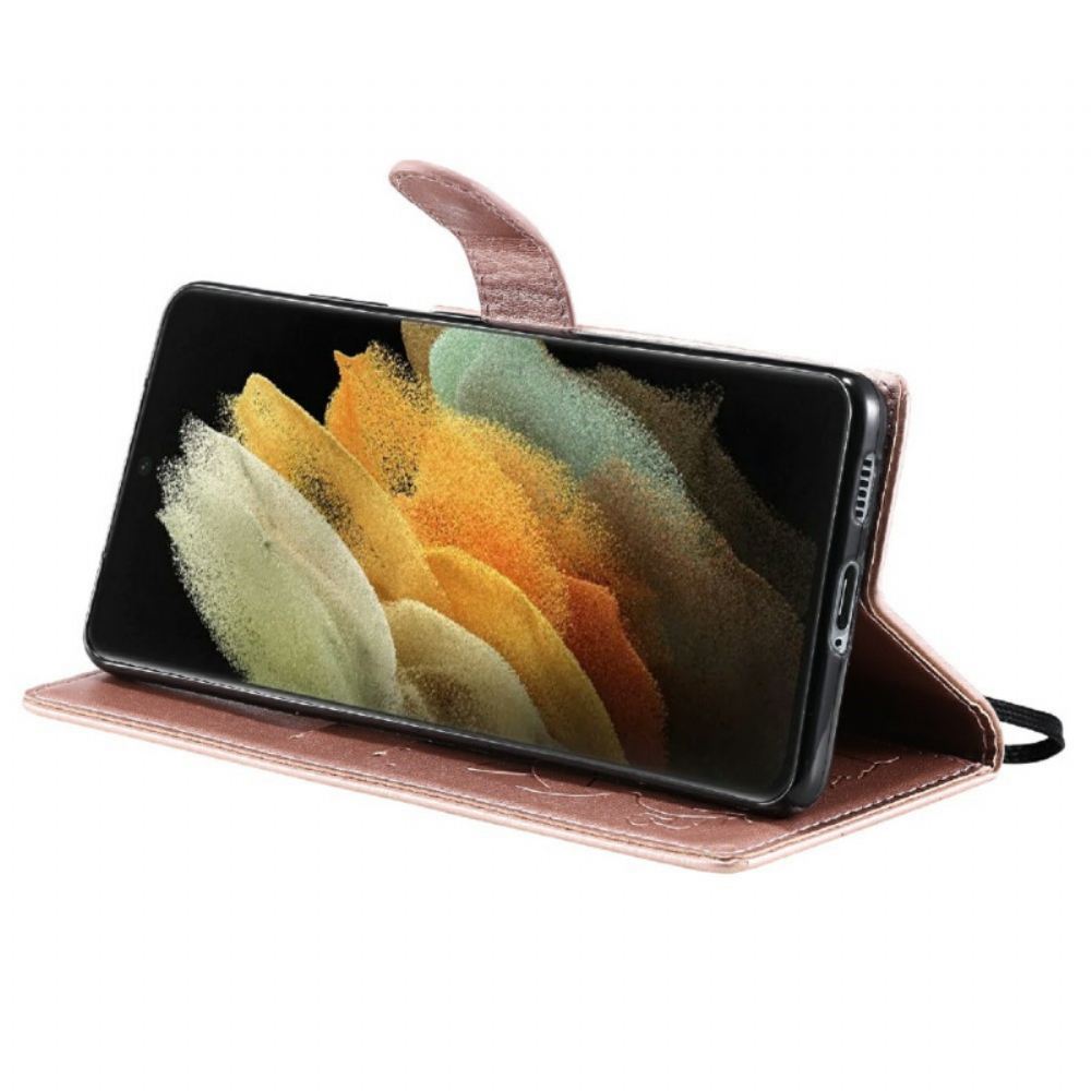 Kožené Pouzdro Na Samsung Galaxy S21 Ultra 5G Na Lana Kočka A Včela S Popruhem