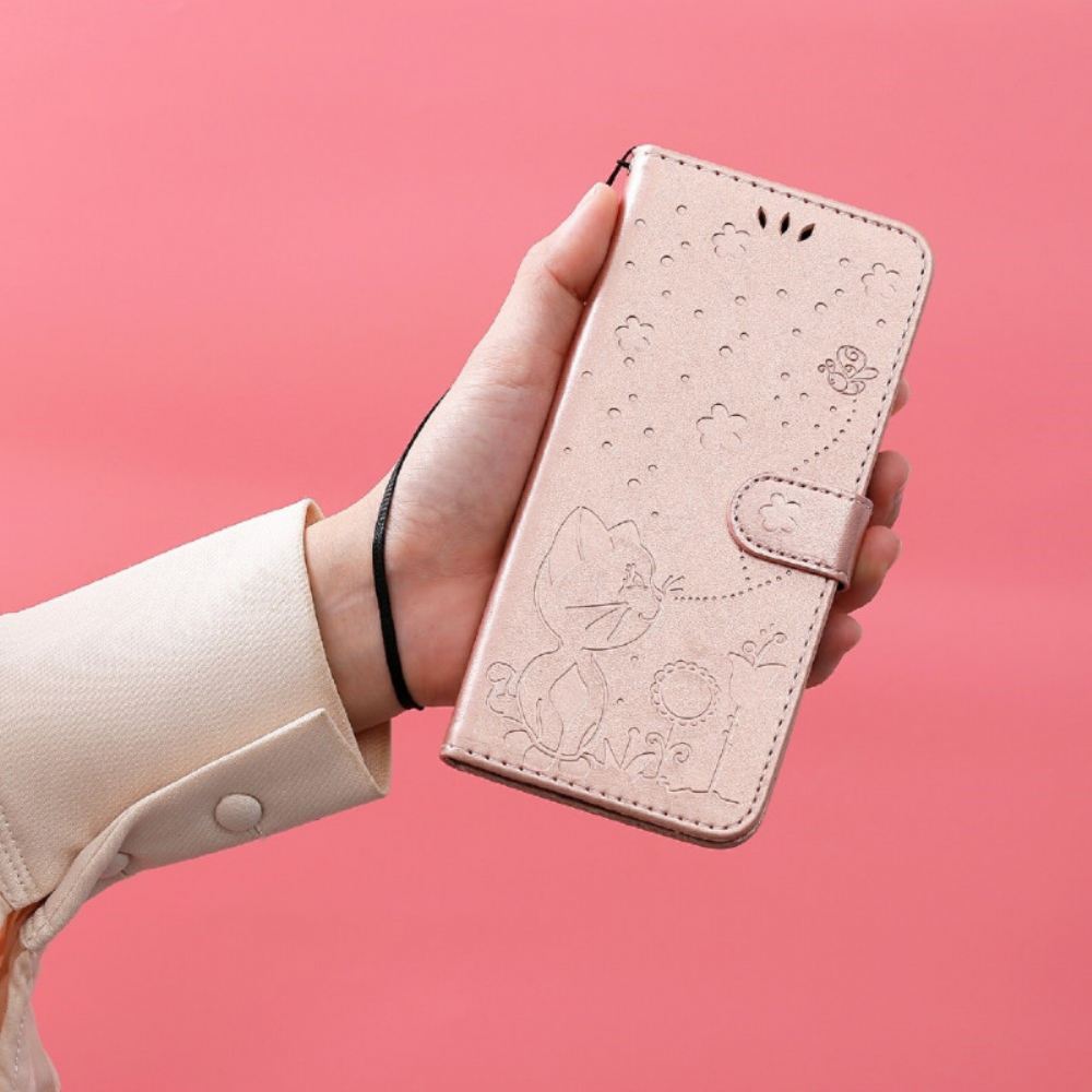 Kožené Pouzdro Na Samsung Galaxy S21 Ultra 5G Na Lana Kočka A Včela S Popruhem