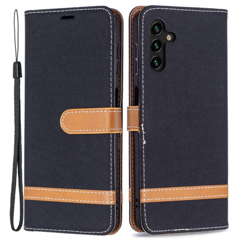 Flipové Pouzdro Na Samsung Galaxy A13 5G Na Lana Pásek S Látkovým A Koženým Efektem