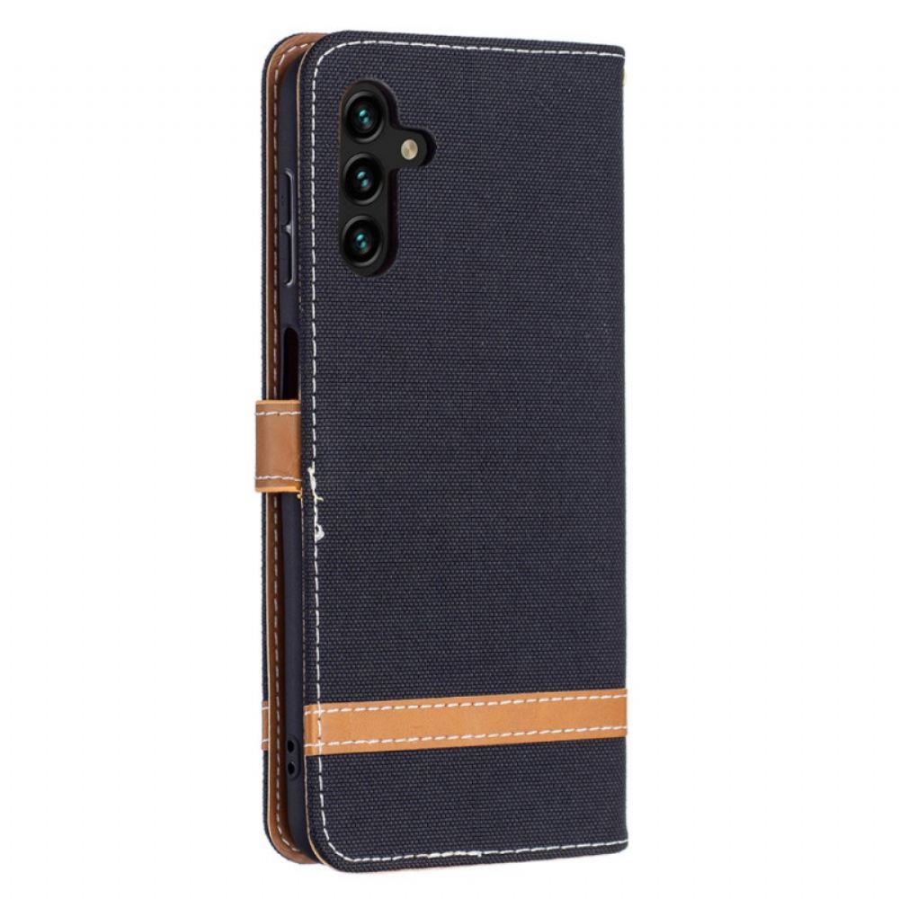Flipové Pouzdro Na Samsung Galaxy A13 5G Na Lana Pásek S Látkovým A Koženým Efektem