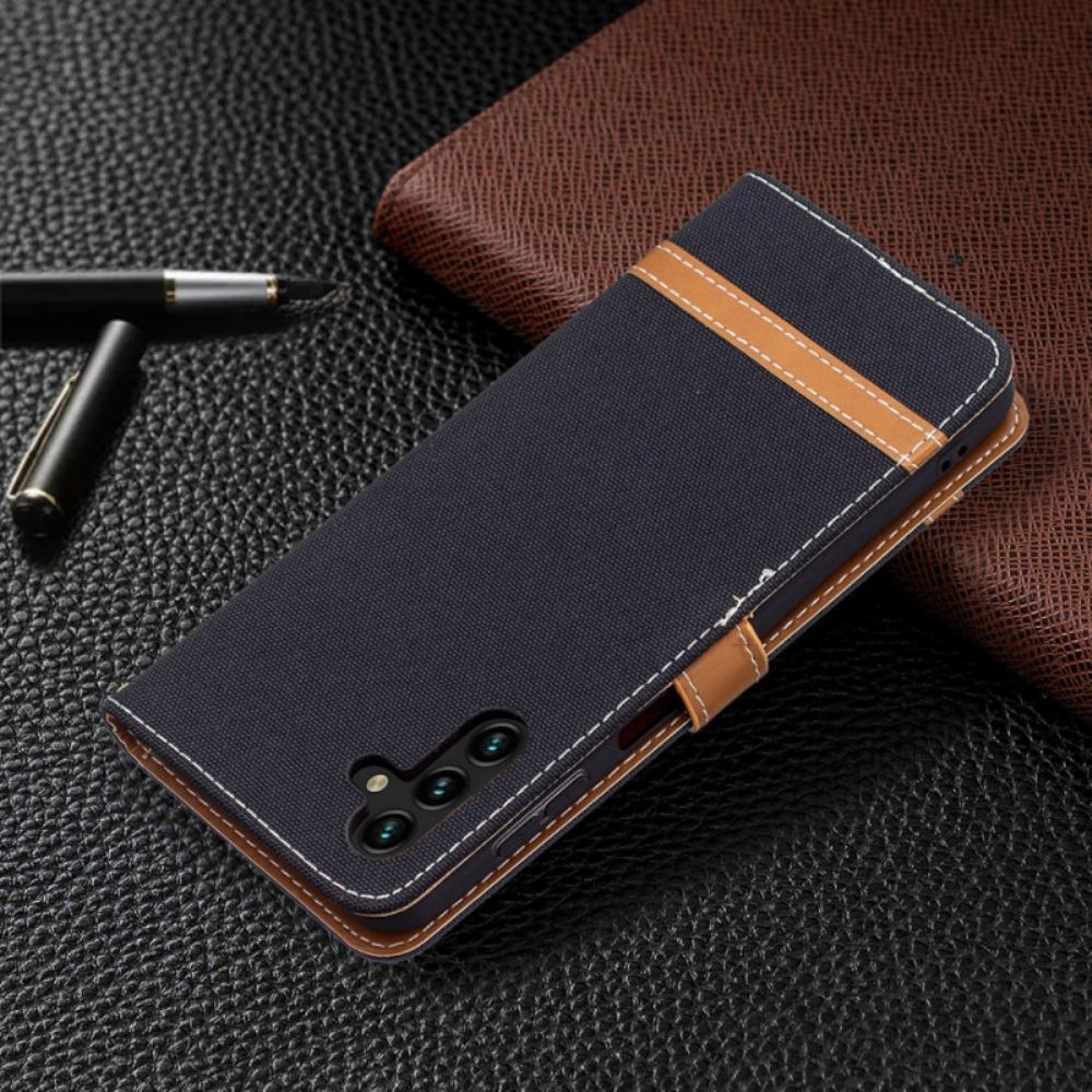 Flipové Pouzdro Na Samsung Galaxy A13 5G Na Lana Pásek S Látkovým A Koženým Efektem