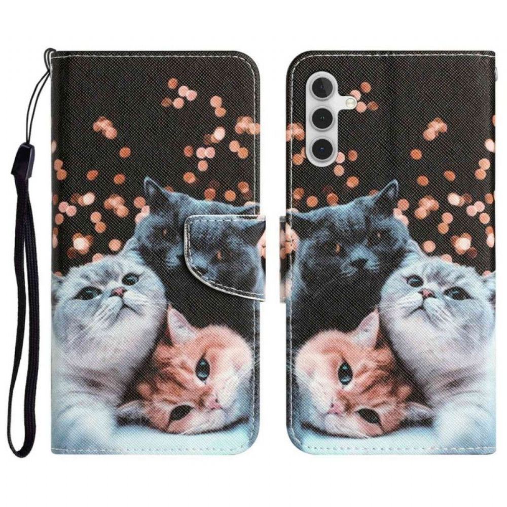 Flipové Pouzdro Na Samsung Galaxy A14 / A14 5G Na Lana Pouze Tanga Kočky