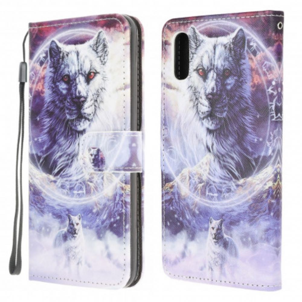 Flipové Pouzdro Na Samsung Galaxy XCover 5 Vlk V Zimě S Lanyardem