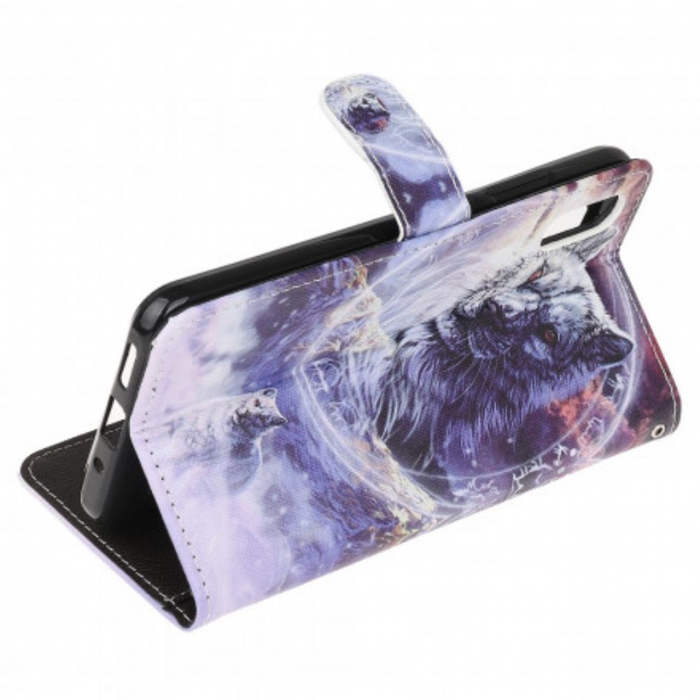 Flipové Pouzdro Na Samsung Galaxy XCover 5 Vlk V Zimě S Lanyardem