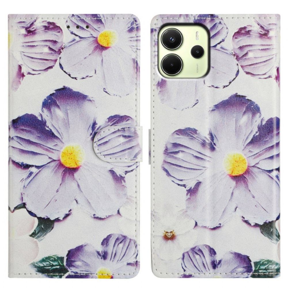 Kožený Kryt Xiaomi Redmi Note 14 4g Fialové A Bílé Květiny