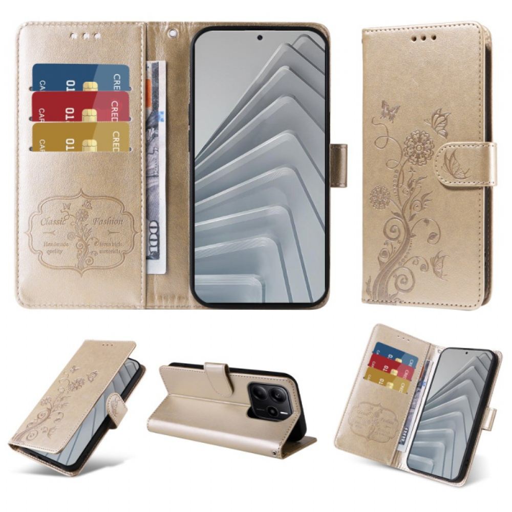 Kožený Kryt Xiaomi Redmi Note 14 4g Květinové Vzory