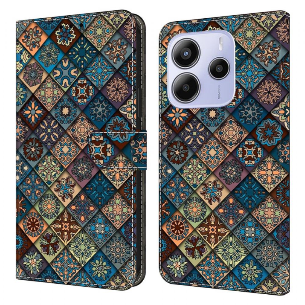 Kožený Kryt Xiaomi Redmi Note 14 4g Modrý Květinový Vzor