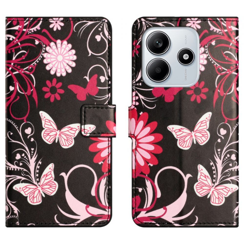 Kožený Kryt Xiaomi Redmi Note 14 4g Motýli Na Černém Pozadí