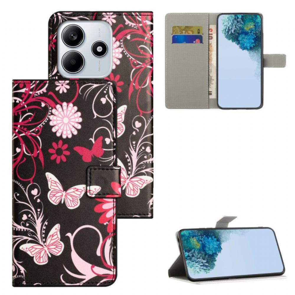 Kožený Kryt Xiaomi Redmi Note 14 4g Motýli Na Černém Pozadí