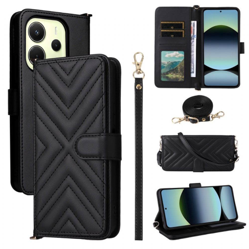 Kožený Kryt Xiaomi Redmi Note 14 4g Prémiová Peněženka S Páskem A Ramenním Popruhem