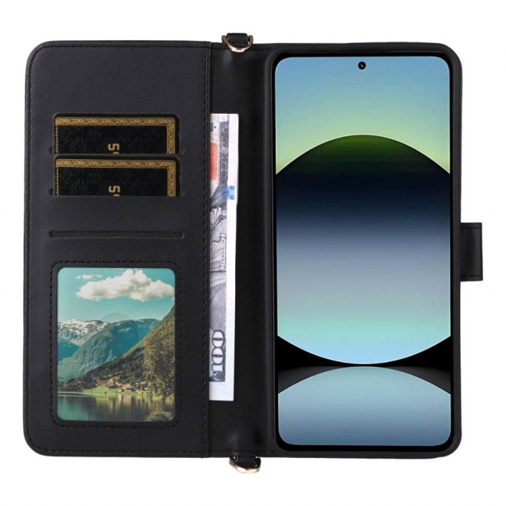 Kožený Kryt Xiaomi Redmi Note 14 4g Prémiová Peněženka S Páskem A Ramenním Popruhem