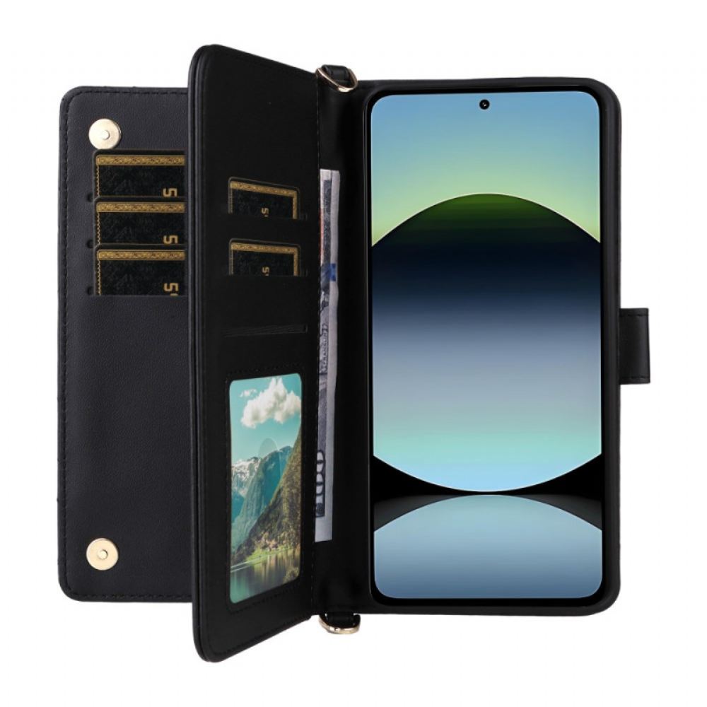 Kožený Kryt Xiaomi Redmi Note 14 4g Prémiová Peněženka S Páskem A Ramenním Popruhem