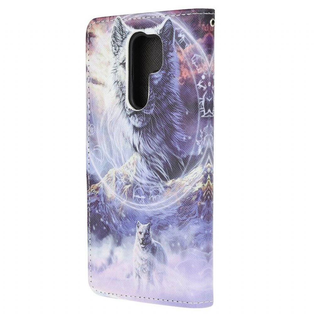 Flipové Pouzdro Na Xiaomi Redmi 9 Vlk V Zimě S Lanyardem