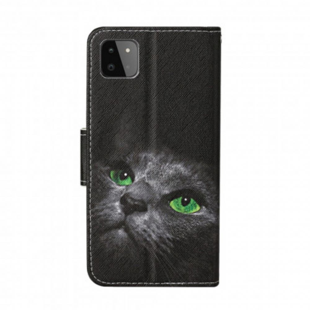 Flipové Pouzdro Na Samsung Galaxy A22 5G Kočka Se Zelenýma Očima Se Šňůrkou