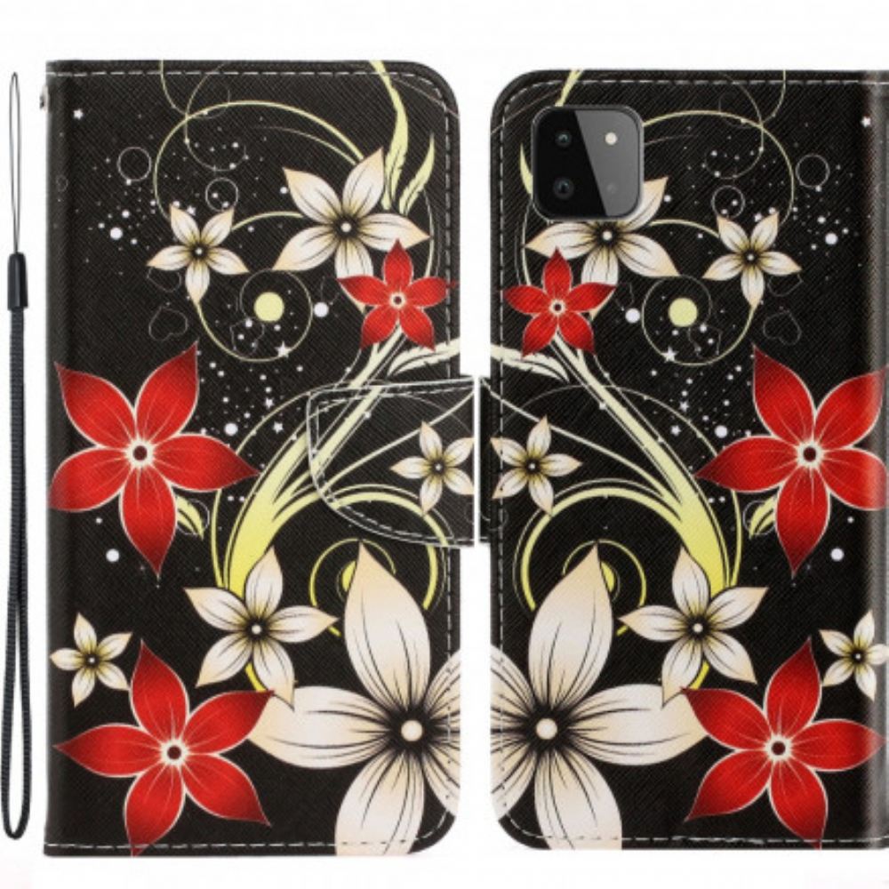 Flipové Pouzdro Na Samsung Galaxy A22 5G Na Lana Barevné Květiny S Páskem