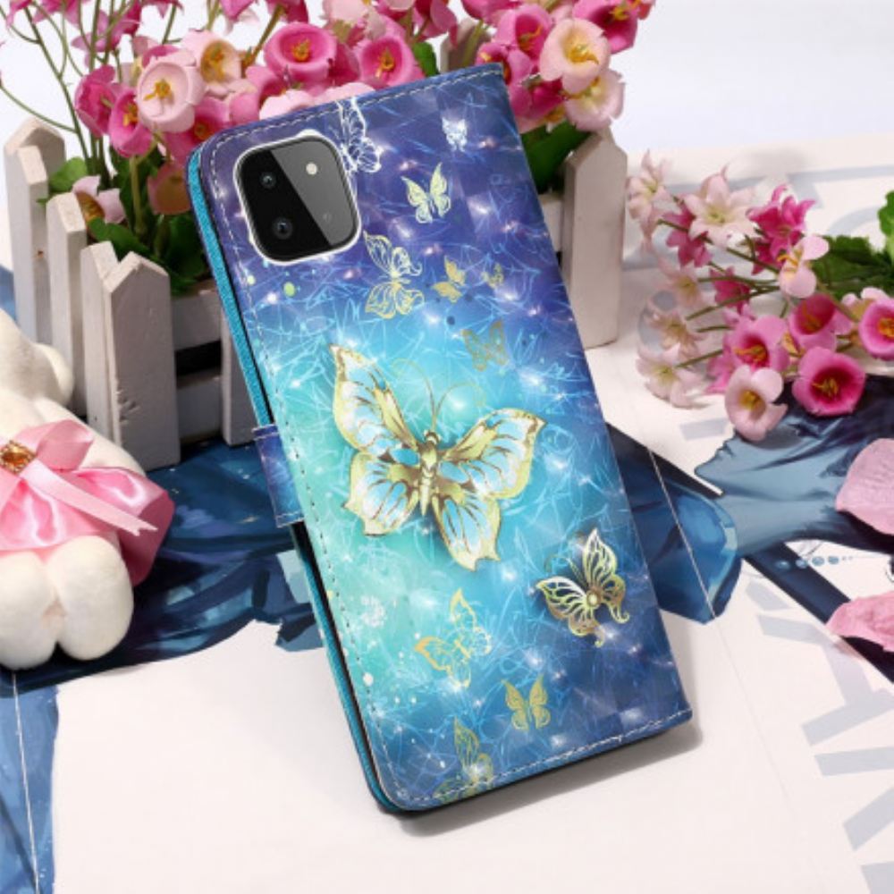 Flipové Pouzdro Na Samsung Galaxy A22 5G Na Lana Motýli Se Zlatým Řemínkem