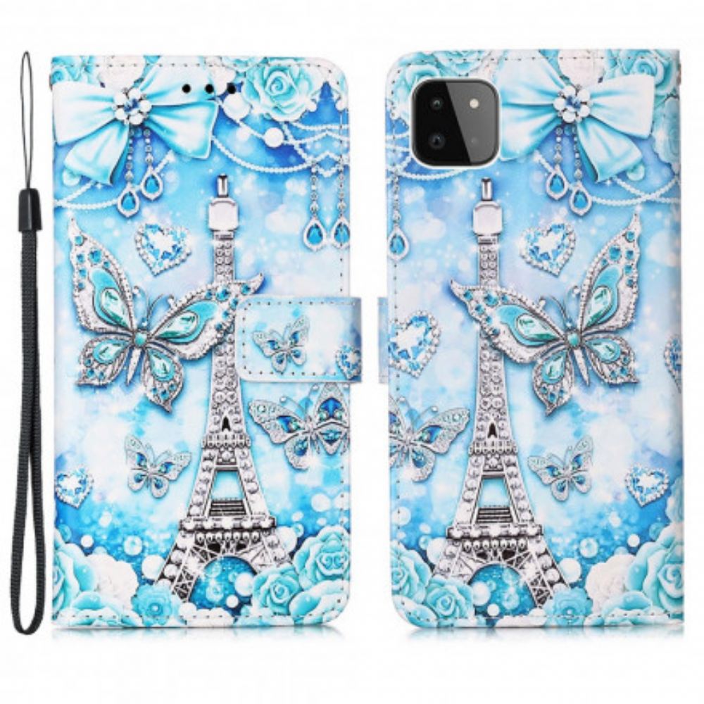 Flipové Pouzdro Na Samsung Galaxy A22 5G Na Lana Popruh Na Motýla Eiffelovy Věže